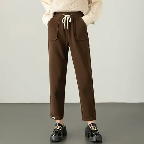 咖啡色毛呢裤子女秋冬2023新款冬季九分哈伦裤显瘦休闲加厚针织裤图片