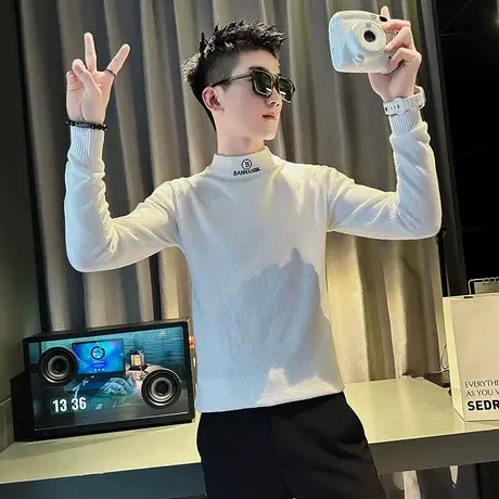 秋冬季新款纯色半高领针织打底衫男潮流刺绣字母痞帅修身内搭毛衣商品大图