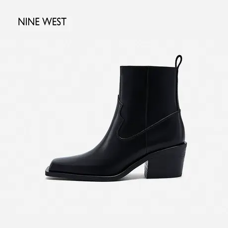 Nine West/玖熙复古法式坡跟真皮短靴2023冬新款侧拉链高跟时装靴商品大图