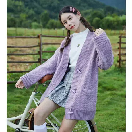 唐狮秋季新款毛衣女日系宽松慵懒牛角扣百搭外穿针织开衫外套图片