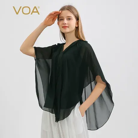 VOA45姆米重磅桑蚕丝V领短袖拼接活页设计木耳装饰通勤真丝T恤图片