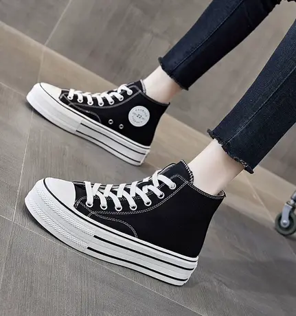 内增高系带高帮鞋女2023年新款百搭松糕帆布鞋子网红运动休闲板鞋商品大图