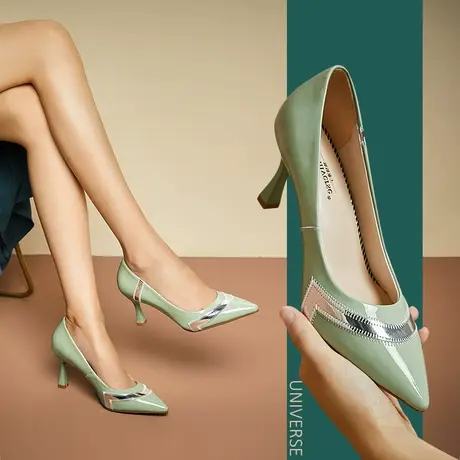 清仓尖头单鞋浅口套脚黑色细跟高跟鞋拼接纯色休闲百搭真皮女鞋子图片