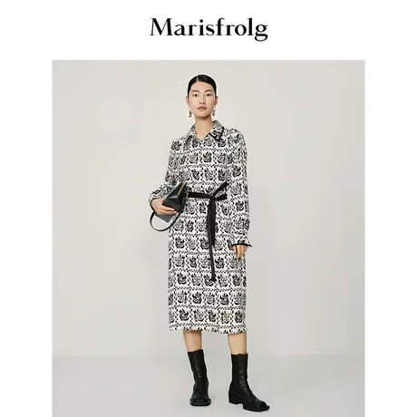 【真丝轻工艺】玛丝菲尔冬黑白POLO领腰带衬衫式连衣裙图片