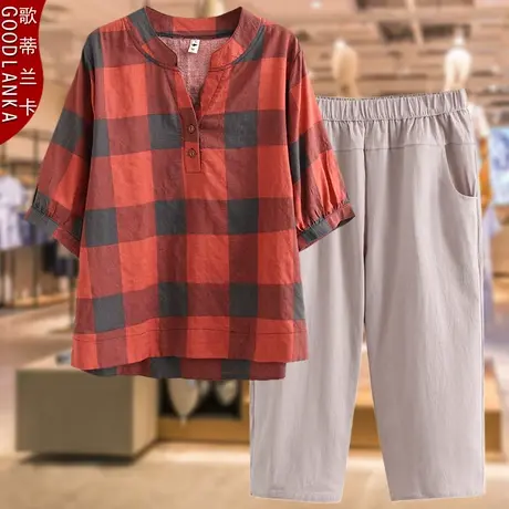 中年妈妈夏装套装薄款棉麻短袖上衣洋气时尚大码宽松两件套200斤商品大图