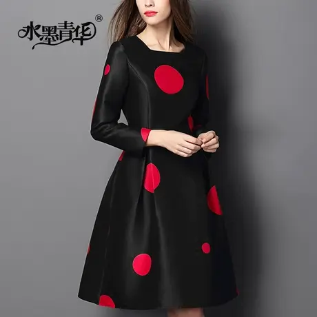 【1件7.9折】新款时尚波点欧洲站收腰显瘦长袖大摆连衣裙图片