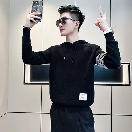 连帽毛衣外套条纹袖秋冬网红运动休闲线衣潮牌冬装内搭针织衫上衣商品大图