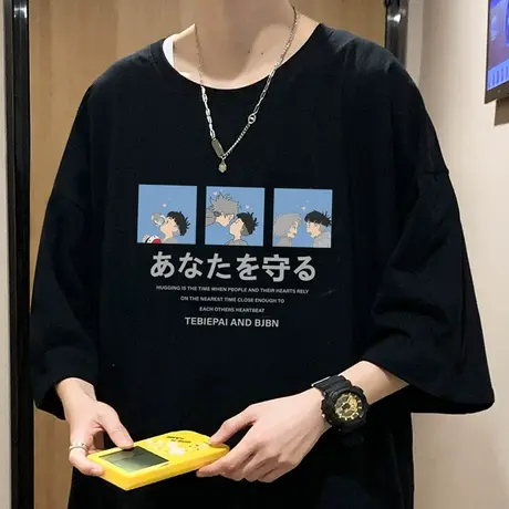 夏季动漫人物印花短袖T恤男ins潮牌宽松青少年学生港风潮流打底衫商品大图