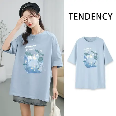 ZR真维斯蓝色重磅短袖t恤女2023夏季新款美式中长半袖体恤女ins潮商品大图