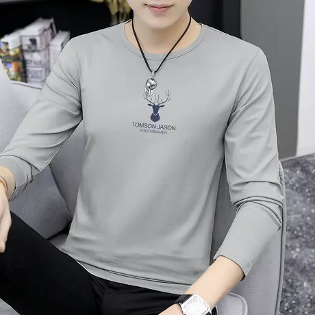 莫代尔棉长袖t恤男潮流圆领修身衣服秋季内搭秋冬打底衫印花秋衣商品大图
