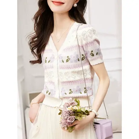 时尚气质温柔甜美针织短袖2023年夏季新款女简约V领修身显瘦上衣图片