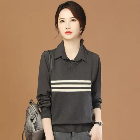 韩潮袭人POLO领假两件针织衫女2024春季新款条纹套头宽松毛衣上衣图片