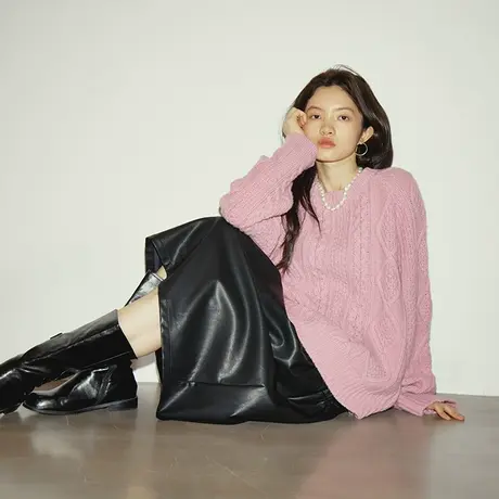 omont蛋挞家 全羊毛针织上衣秋冬新款圆领宽松复古加厚毛衣女商品大图