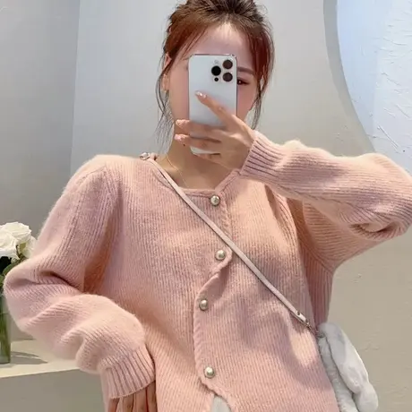 慵懒风设计感针织开衫韩系时尚百搭不规则扣粉色毛衣打底上衣短款商品大图