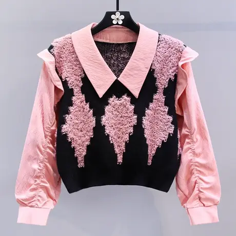 衬衫拼接假两件菱格毛衣女秋冬2023新款宽松设计感小众短款针织衫商品大图