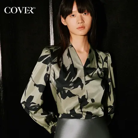 COVER秋季印花V领捏褶长袖衬衫商品大图