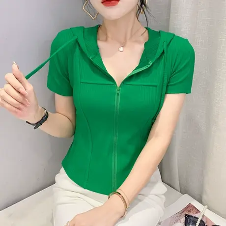欧货时尚连帽短袖T恤女2024夏季新款拉链开衫上衣设计感小众半袖商品大图