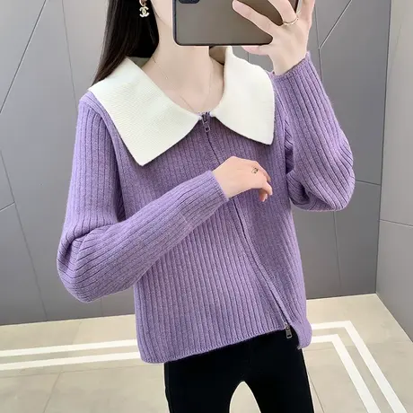 别致绝美上衣法式设计感小众针织开衫甜辣短款春秋polo领紫色毛衣商品大图