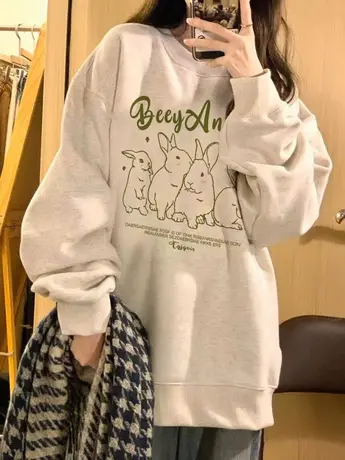 oversize圆领兔子卫衣女2024年秋冬新款宽松慵懒风加绒加厚外套潮图片