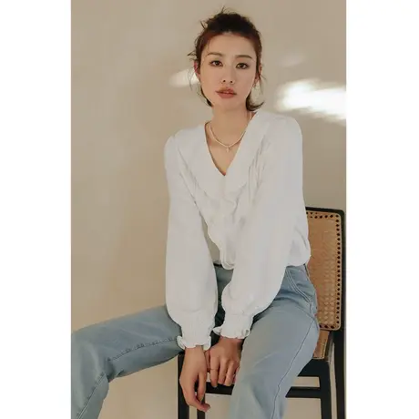 弥古白色荷叶领衬衫女上衣2025新款春季女装高级感法式灯笼袖衬衣商品大图