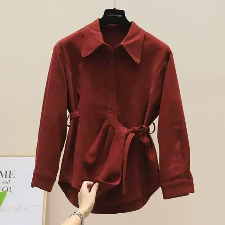 纯色长袖衬衫女2023秋新款韩版时尚修身腰带收腰衬衣网红新款ins商品大图