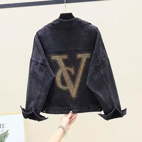 春季韩版新牛仔外套女烫钻宽松POLO领显瘦百搭牛仔衣外套上衣长袖商品大图