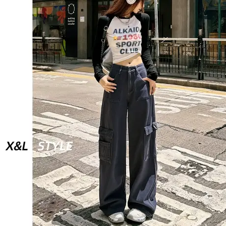 水泥灰高街美式工装裤女春秋季2023新款显瘦直筒宽松休闲阔腿裤子图片