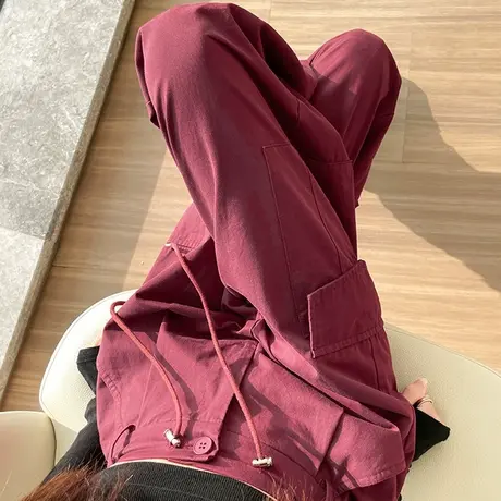 美式高街抽绳工装裤女秋冬加绒高腰显瘦宽松直筒休闲阔腿束脚长裤图片