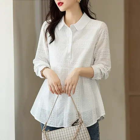 白色雪纺衬衫女春秋新款宽松加大码女装中年妈妈遮肚显瘦长袖衬衣商品大图