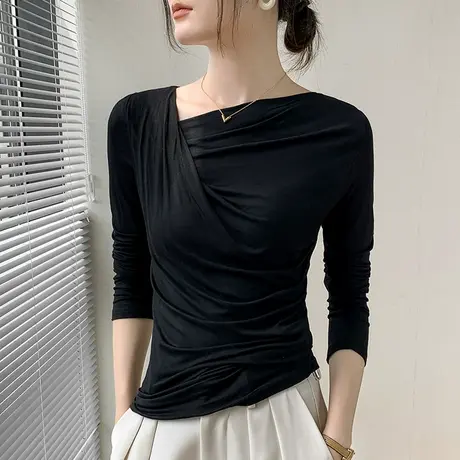 法式小香风不规则斜领修身显瘦长袖T恤女早秋设计感小众纯色上衣图片