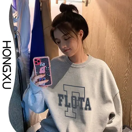 红续美式hiphop街头风印花上衣秋冬学生新款加厚无帽卫衣显瘦百搭商品大图