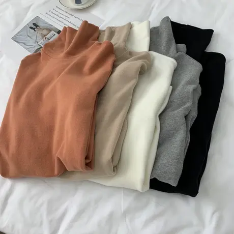 绒绒磨毛加厚堆堆领打底衫女秋冬季加绒保暖修身高领t恤内搭上衣图片