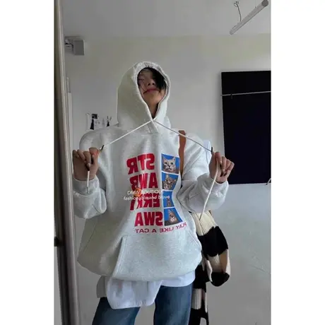 韩国东大门2023秋冬新款减龄猫咪字母印花连帽长袖加绒休闲卫衣女商品大图