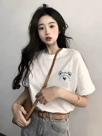 夏季美式卡通短袖t恤女宽松学生半袖2023年潮牌洋气仿棉上衣体恤商品大图