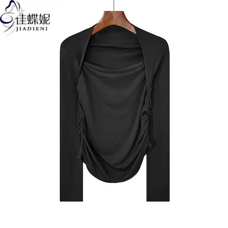 秋冬新款包肩领修身显瘦纯棉纯色褶皱纯欲长袖体恤上衣女打底衫商品大图