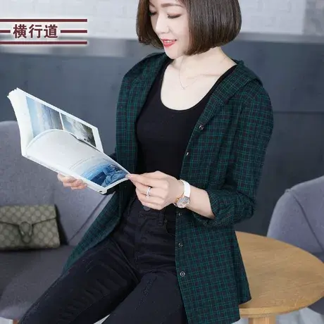 2025春装大码宽松复古格子衬衫纯棉女装上衣服连帽长袖小外套衬衣商品大图