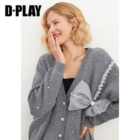 DPLAY【黑标】春新新款甜美灰色立体蝴蝶结钻链装饰针织开衫商品大图