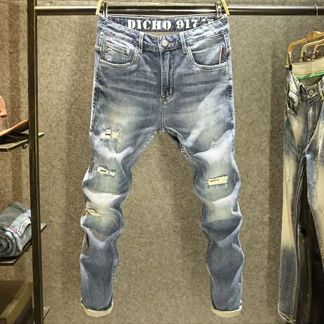潮牌破洞赤耳丹宁男装牛仔裤修身小直筒长裤潮流百搭刮烂裤子男款商品大图