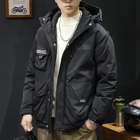 90鸭绒羽绒服男冬季2023新款潮牌大码工装男士外套短款连帽新国标图片