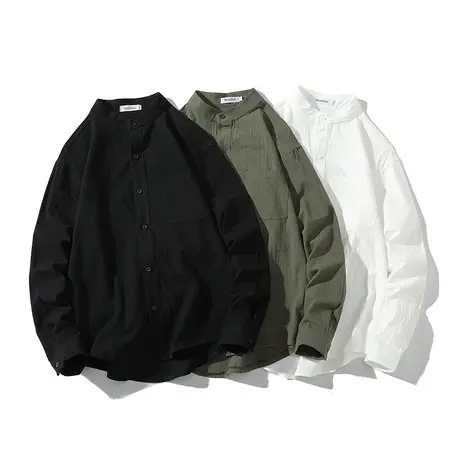 亚麻衬衫男士春夏季高级感法式白色衬衣纯棉痞帅翻领休闲长袖外套商品大图