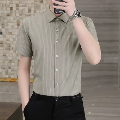 刺绣条纹短袖衬衫男士高级感夏季修身商务潮流帅气上班休闲衬衣薄图片