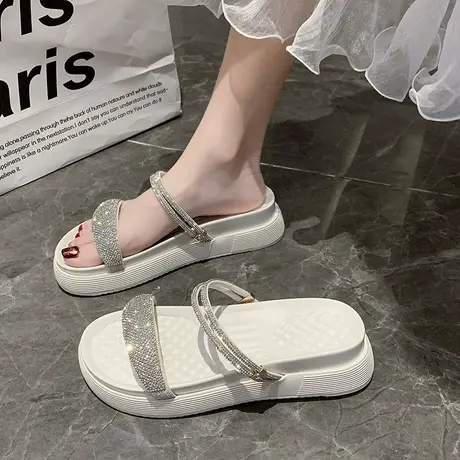 两穿凉鞋女夏厚底水钻2023年新款仙女风超火一字带中跟外穿凉拖鞋图片