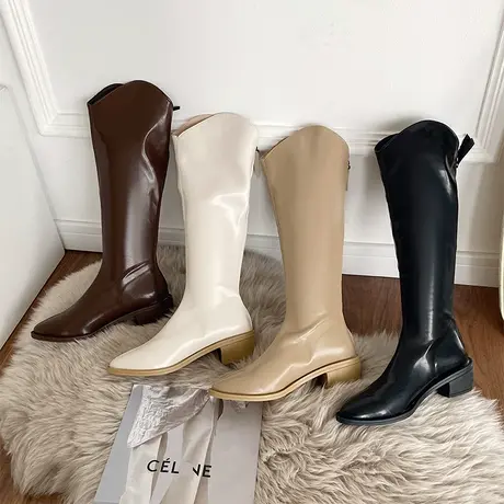 复古牛仔靴长筒靴女小个子尖头V骑士靴粗跟高筒西部长靴女不过膝商品大图