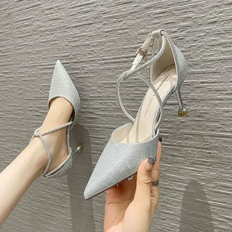 2024年春季新款包头一字扣带高跟鞋女细跟尖头仙女风百搭中空单鞋图片