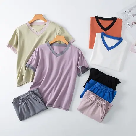 女夏棉宽松拼接短袖T恤短裤两件套装休闲家居服上衣薄款睡衣短裤图片