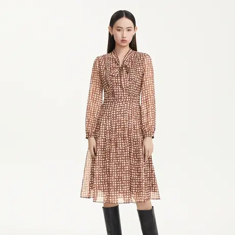 LANCY/悦朗姿秋季新款印花连衣裙女中长款收腰长袖通勤裙子女奥莱图片