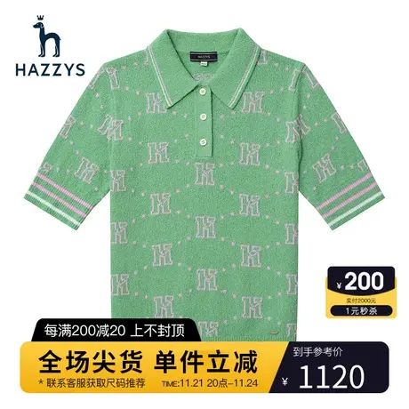 Hazzys哈吉斯Polo领短袖针织衫女士春夏新款休闲上衣图片