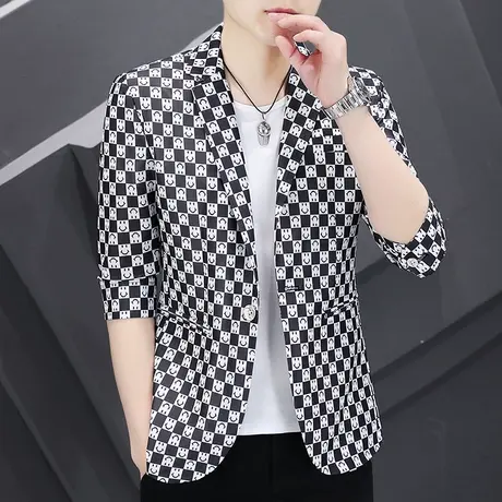 潮流时尚格子七分袖西服男士夏季韩版薄款中袖帅气小西装外套上衣商品大图