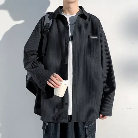 华夫格衬衫外套男士春秋季2023新款潮牌休闲宽松大码男生长袖衬衣商品大图