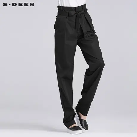sdeer圣迪奥女装夏装街头压褶腰带黑色廓形高腰休闲长裤S16280825商品大图